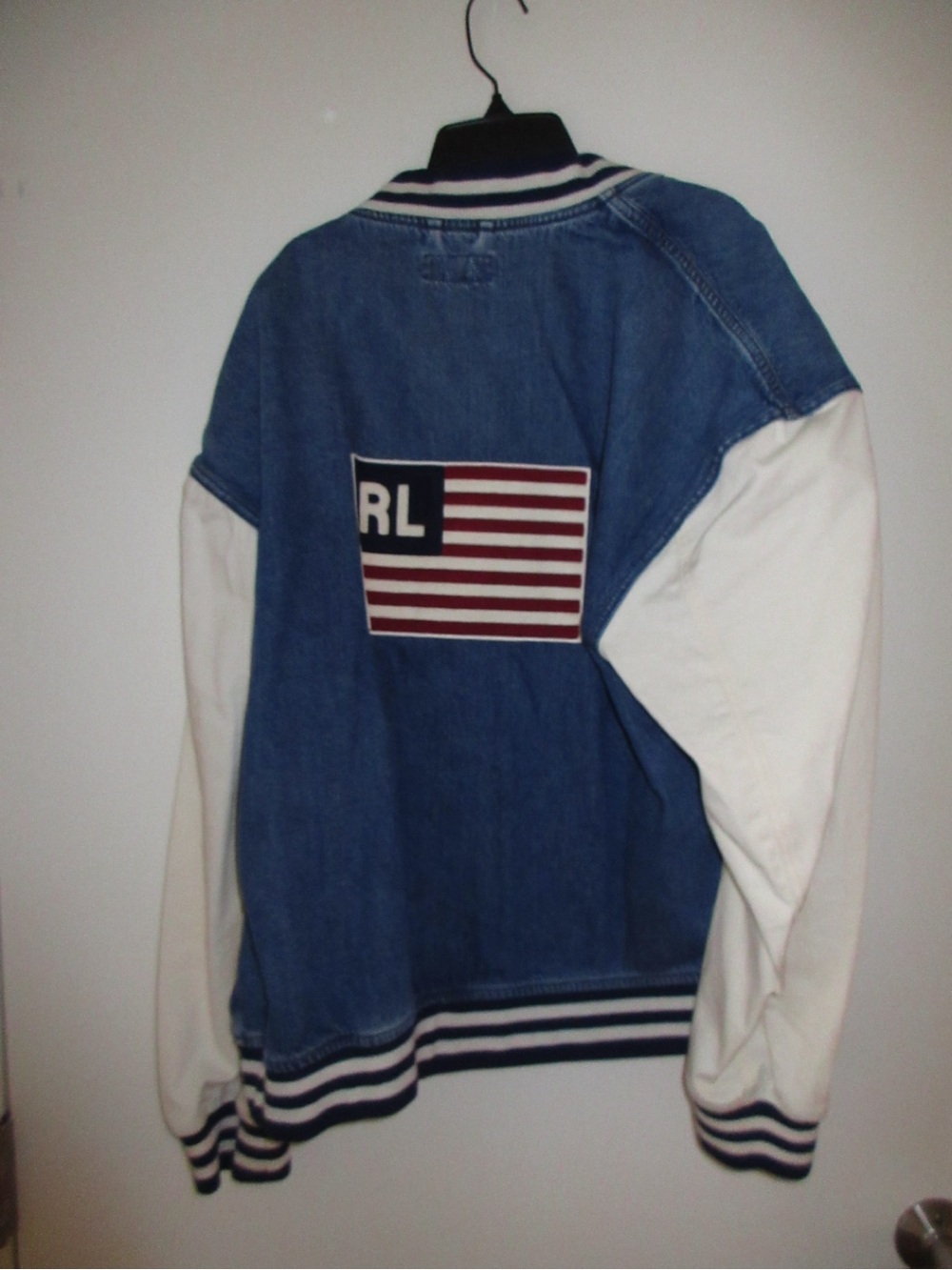 Ralph Lauren Denim Blue & White Varsity Jacket with Flag Patch